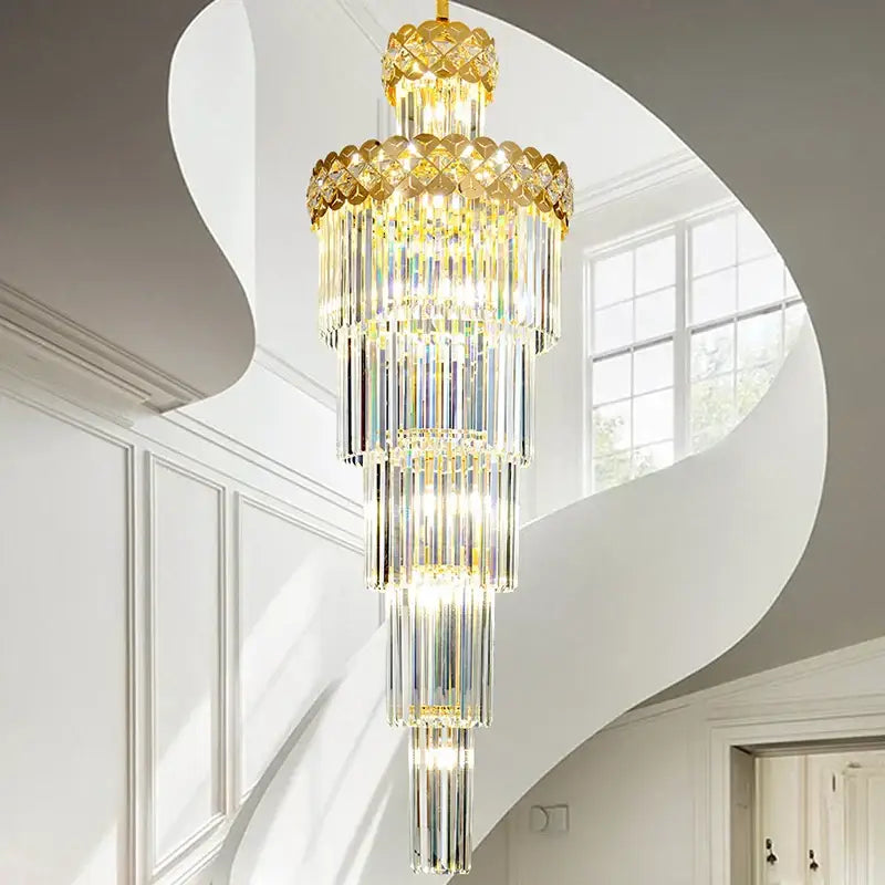Elegant multi-tiered light luxury crystal chandelier with gold-toned metal and cascading clear prisms for living room decorbites light luxury