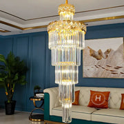 A multi-tiered gold luxury crystal chandelier with illuminated glass rods for light luxury crystal decorbites living room light