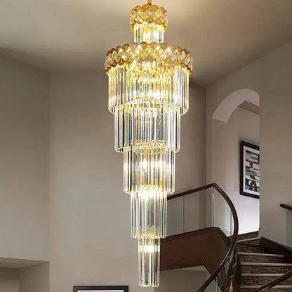 A multi-tiered light luxury crystal chandelier with gold accents and cascading clear glass rods for living room decorbites light luxury