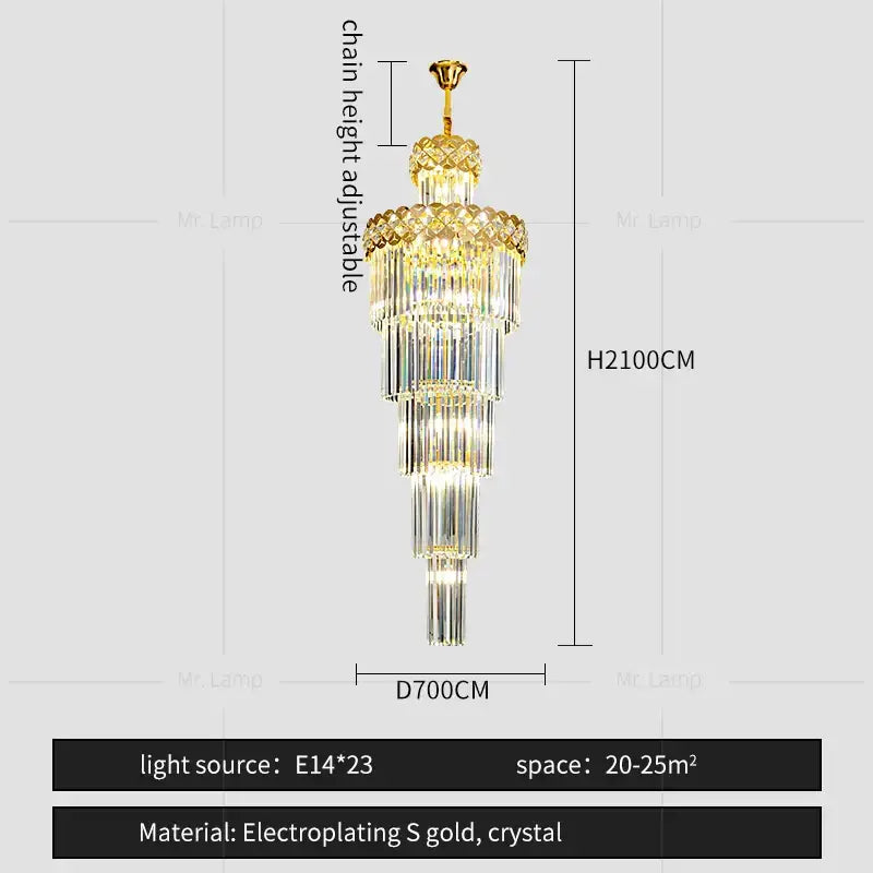 A luxurious gold electroplated light luxury crystal chandelier with cascading tiers for elegant living room decorbites light luxury