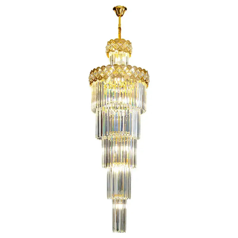 Golden framed light luxury crystal chandelier with tiered cascading glass rods for elegant living room decorbites light luxury