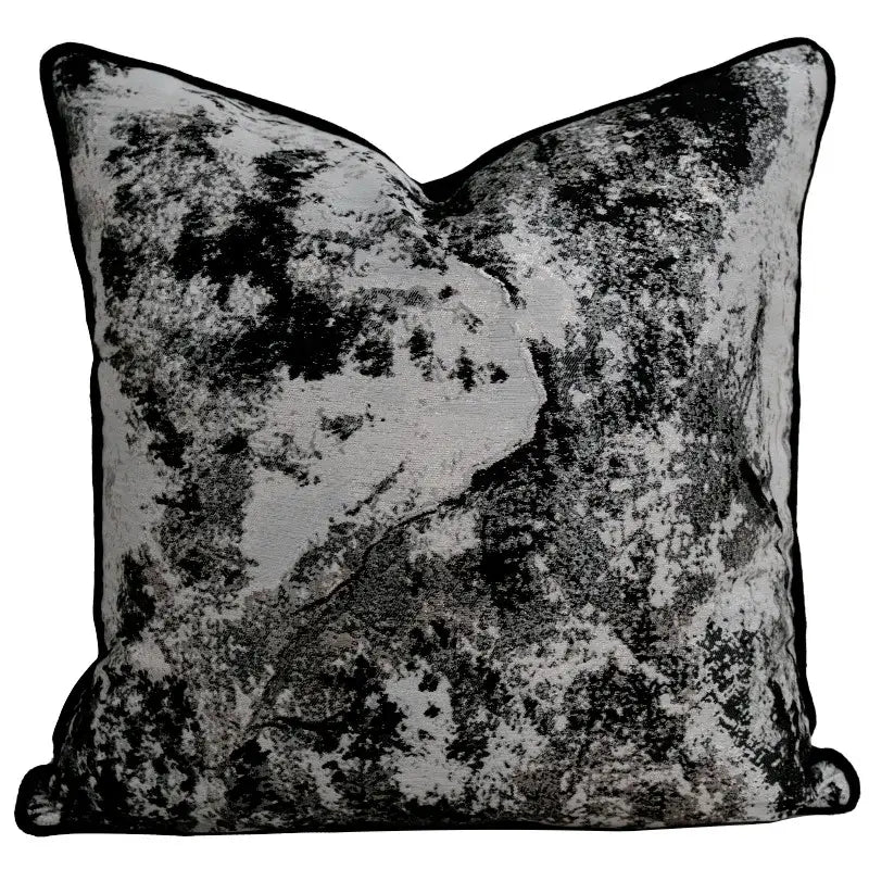 Black and silver distressed velvet pillow cover with textured mottled pattern for white light luxury living room decor