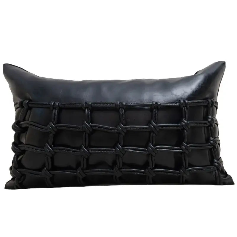 Black leather pillow cover with woven knot pattern for light luxury designer living room decor