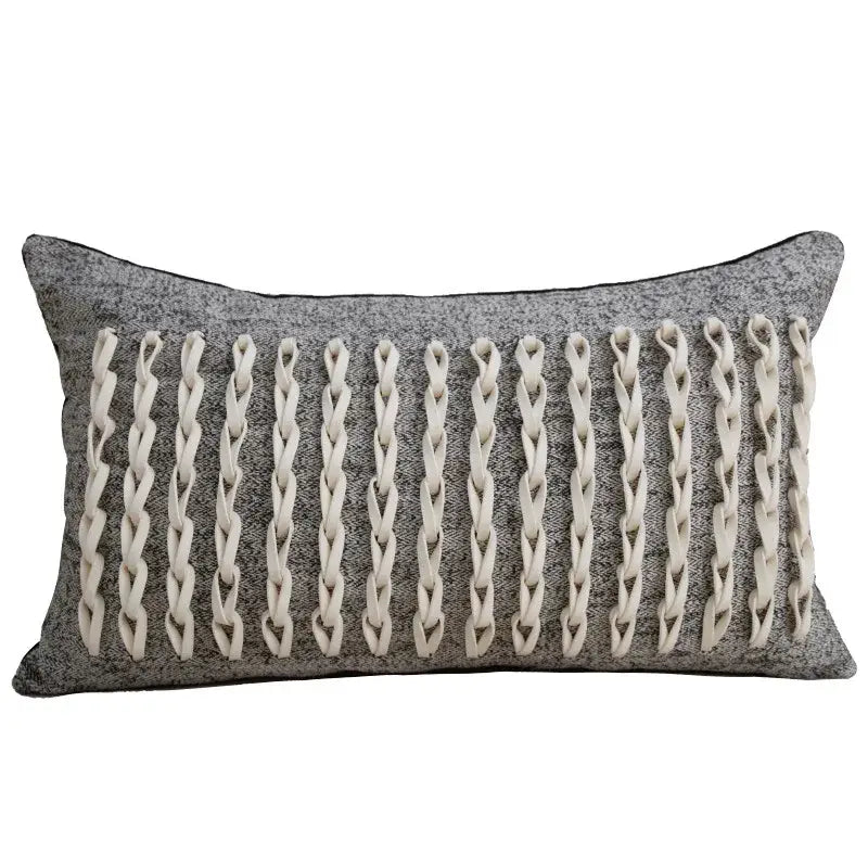 Gray textured rectangular pillow cover with cream braided accents for white light luxury designer living room decor
