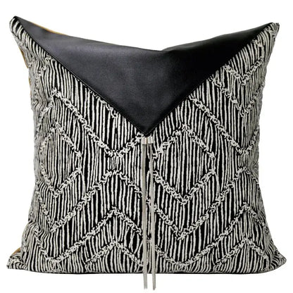 Light luxury designer black and white palm leaf pillow cover with geometric pattern and black leather top panel