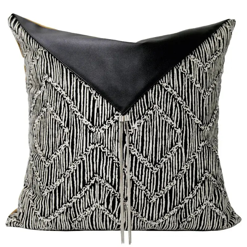Light luxury designer black and white palm leaf pillow cover with geometric pattern and black leather top panel