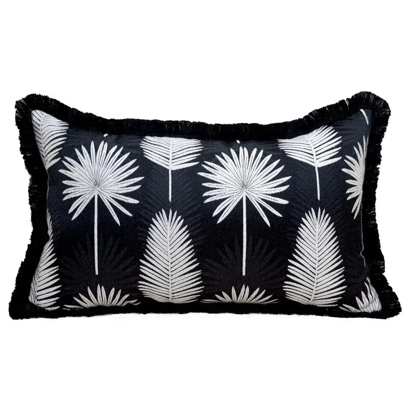Black rectangular pillow cover with white embroidered palm fronds and black fringe border light luxury designer style