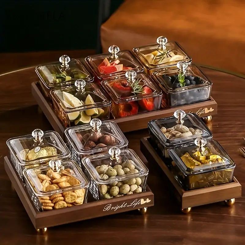 Set of clear glass light luxury fruit plates with crystal knobs on bamboo trays decorbites light luxury snack set