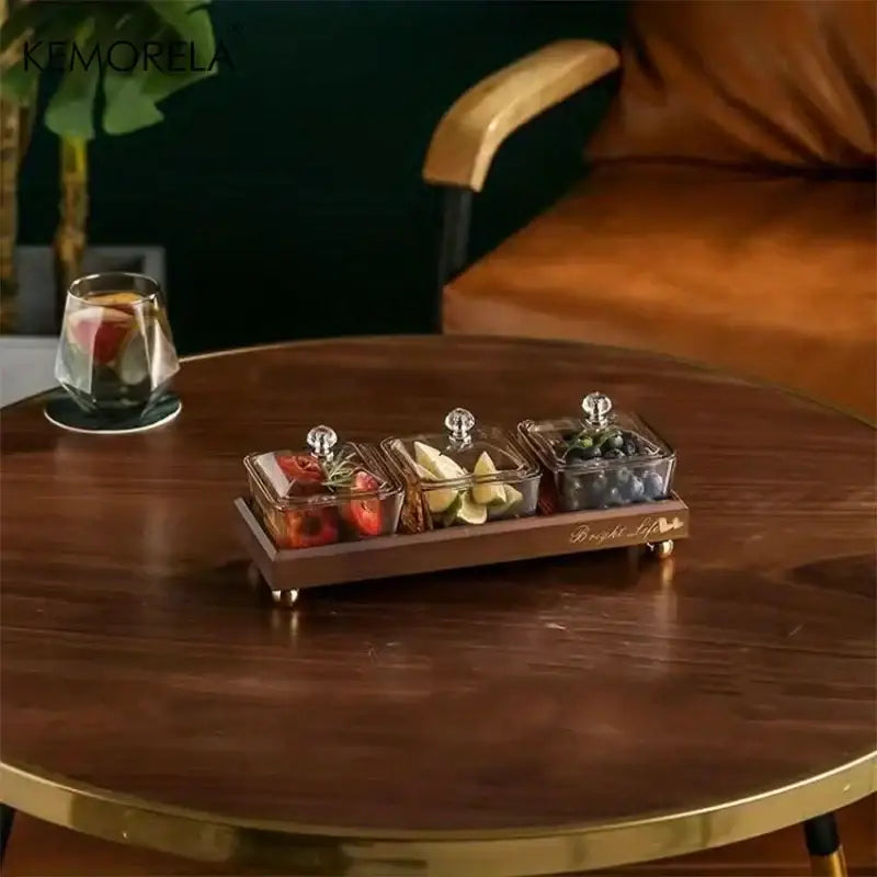 Light luxury glass fruit plate with bamboo tray features three clear glass compartments topped with crystal knobs for decorbites light luxury use