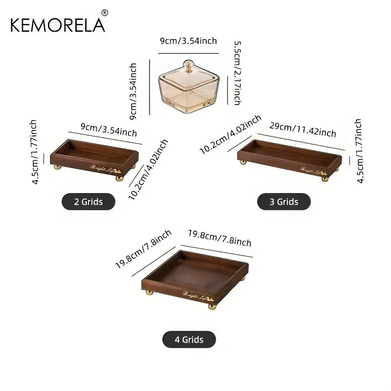 Set of three light luxury bamboo trays with gold-tone feet and bright life engraving for fruit plate decorbites light luxury