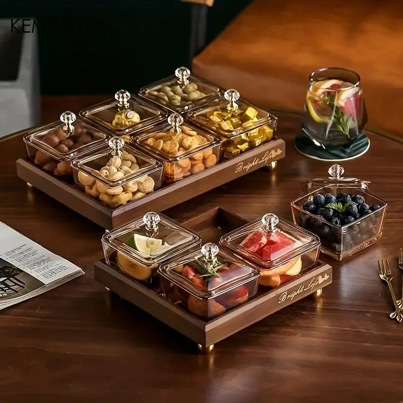 Set of clear glass light luxury fruit plates with crystal knobs on bamboo trays decorbites light luxury dining snack set
