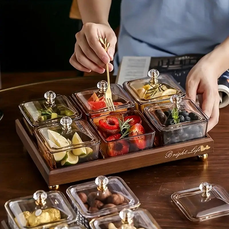 Set of six clear glass light luxury fruit plates with gold crystal knobs on a bamboo tray decorbites light luxury snack set