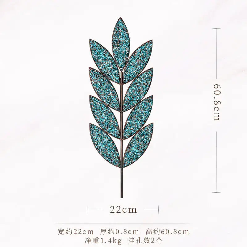 Teal glittery leaf wall decoration with metallic stem and hanging holes by decorbites light luxury iron collection
