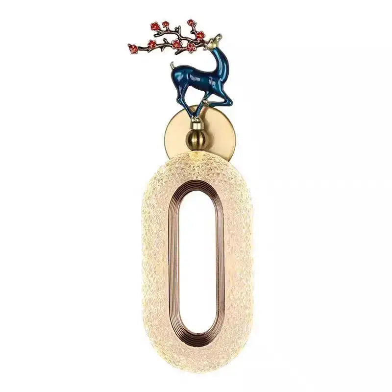 Blue deer figurine with red blossoms on textured oval decorbites light luxury wall lamp for modern bedroom sconces