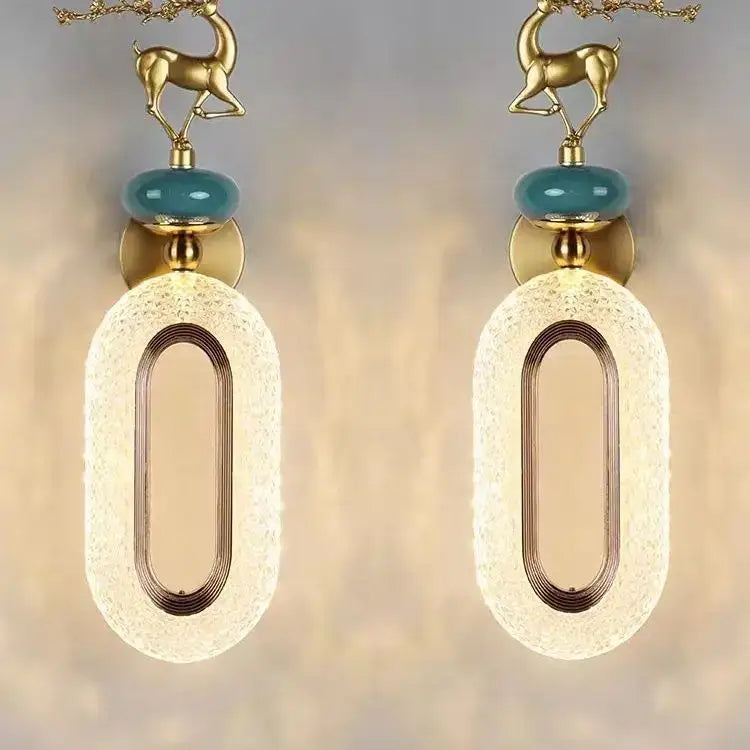 Gold deer wall lamp with teal jade beads and textured oval glass shades for decorbites light luxury modern bedroom decor