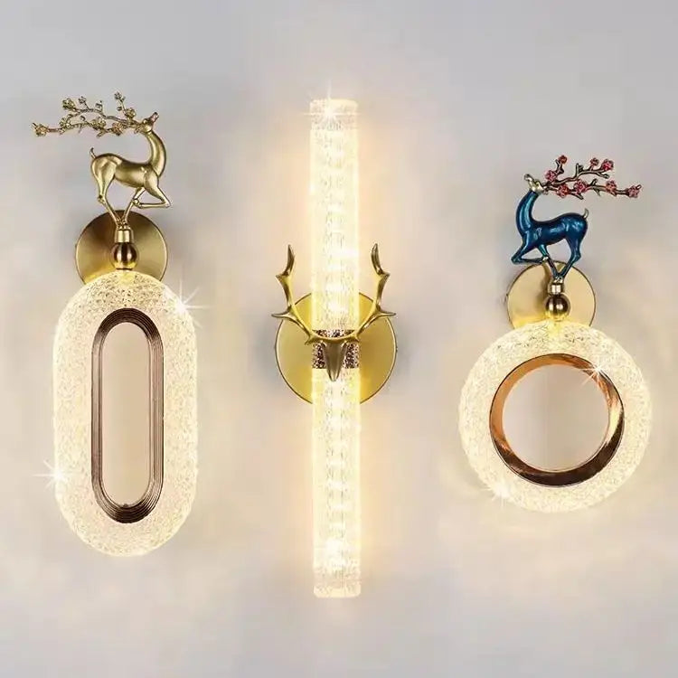 Three light luxury modern gold deer wall lamps with metal accents and frosted diffusers for bedroom decorbites sconces