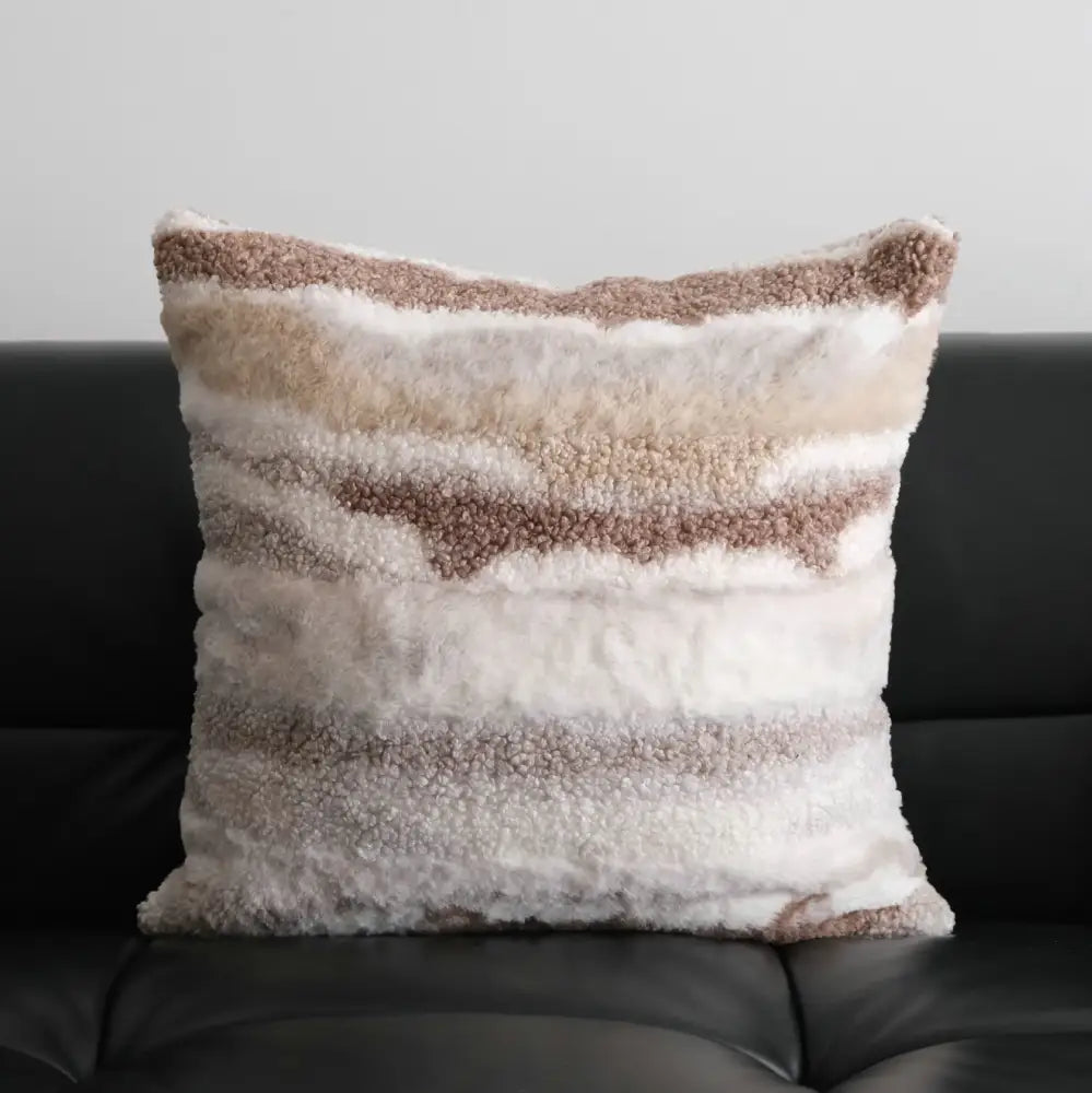 Cozy square pillow cover with beige and cream shearling stripes for decorbites light luxury plush living room decor