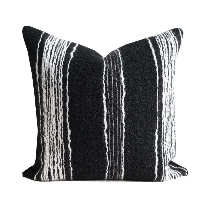 Black and white striped pillow cover with textured wool-like fabric for decorbites light luxury plush living room decor