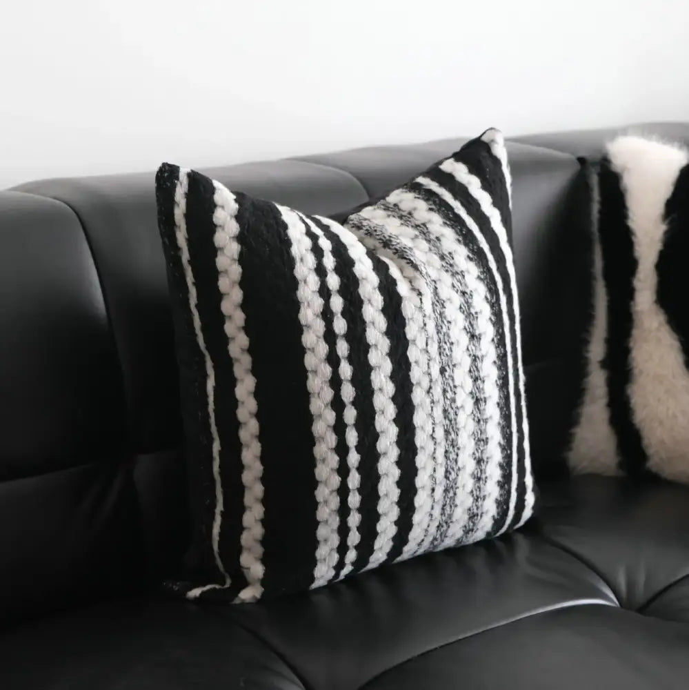Black and white striped woven pillow cover with textured chunky knit stripes decorbites light luxury plush decor