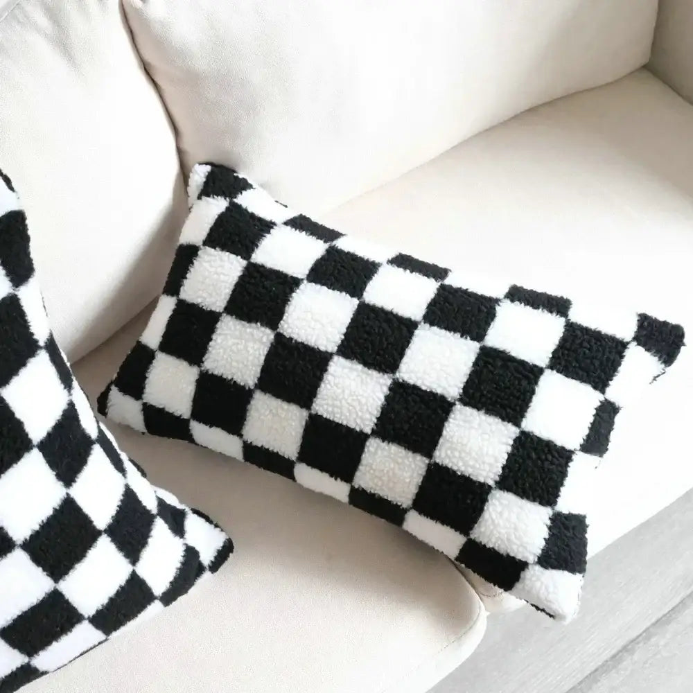 Black and white checkered light luxury plush pillow cover with a fuzzy texture for living room decorbites light luxury