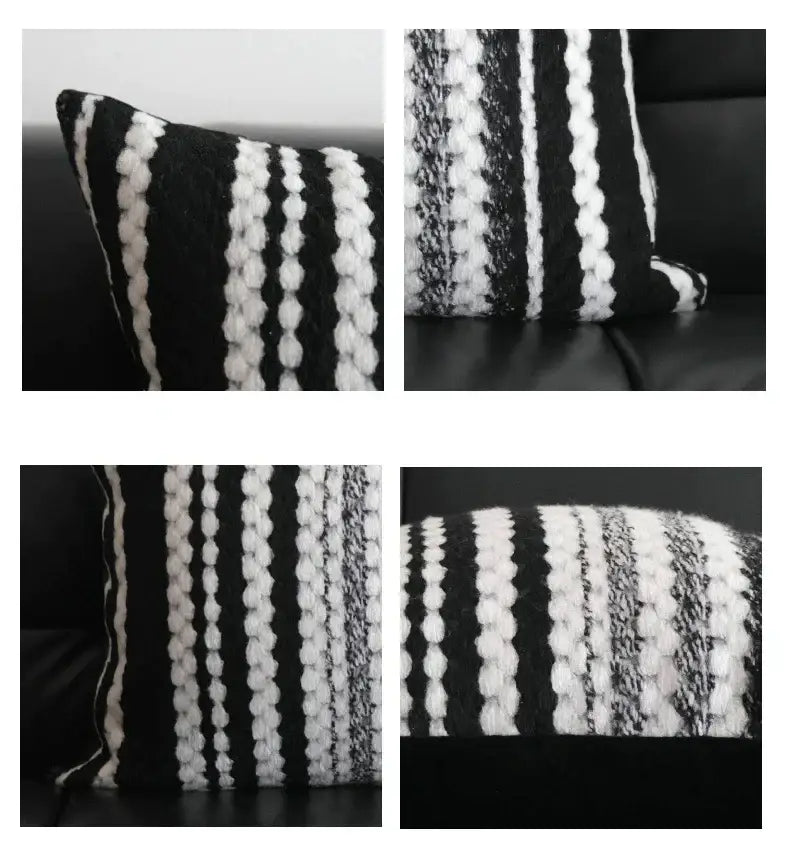 Black and white striped knit pillow cover with textured chunky yarn stripes for decorbites light luxury plush decor