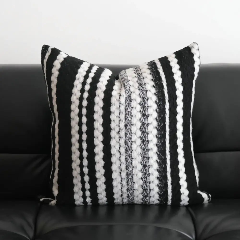 Black and white striped pillow cover with textured chunky yarn stripes for decorbites light luxury plush living room decor