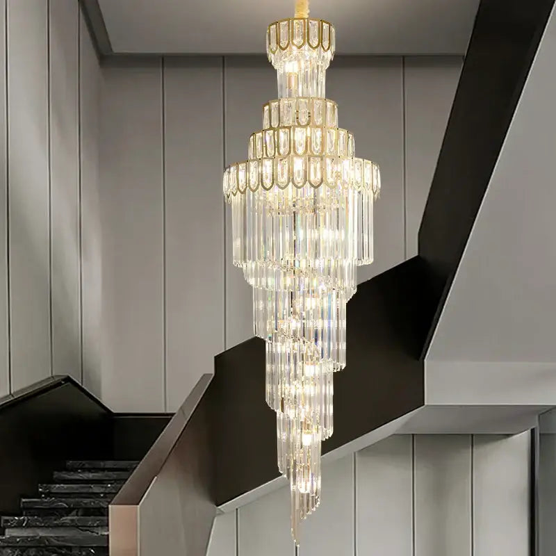 A light luxury rotating crystal chandelier with gold frame and cascading clear glass prisms for villa living room decorbites light luxury