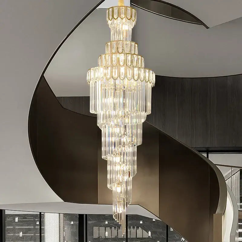 Light luxury rotating crystal chandelier gold villa living room with multi-tiered clear glass prisms and gold accents