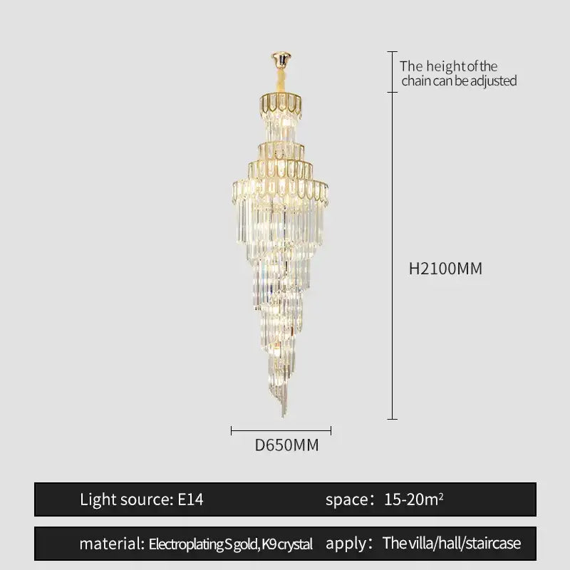 A gold multi-tiered light luxury rotating crystal chandelier with clear prisms for villa living room decorbites light luxury