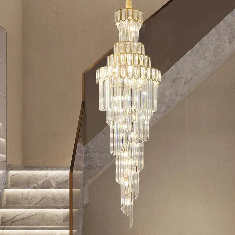 Light luxury rotating crystal chandelier with gold-toned metal and clear glass prisms for villa living room decorbites light luxury