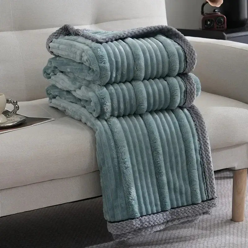 Stacked teal and gray ribbed fleece blanket with plush texture for decorbites light luxury sofa luxury sofa blanket use