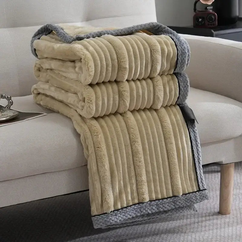 Stacked beige and gray plush ribbed fleece throw blankets for decorbites light luxury sofa luxury sofa blanket use