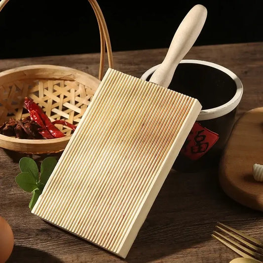 Light wood ridged garganelli board with parallel ridges and handle by decorbites for pasta making