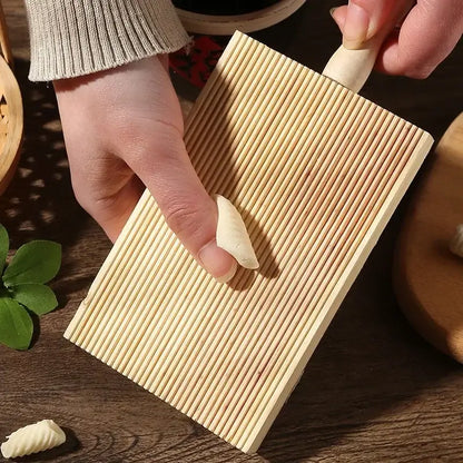 Light wood ridged garganelli board pasta maker tool with parallel ridges and handle by decorbites garganelli board