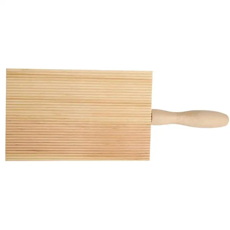 Light wood ridged garganelli board pasta maker tool with handle and parallel grooves by decorbites garganelli board
