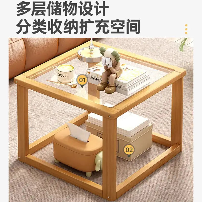 Light wood two tier glass coffee table set with clear glass top and lower shelf featuring minimalist design