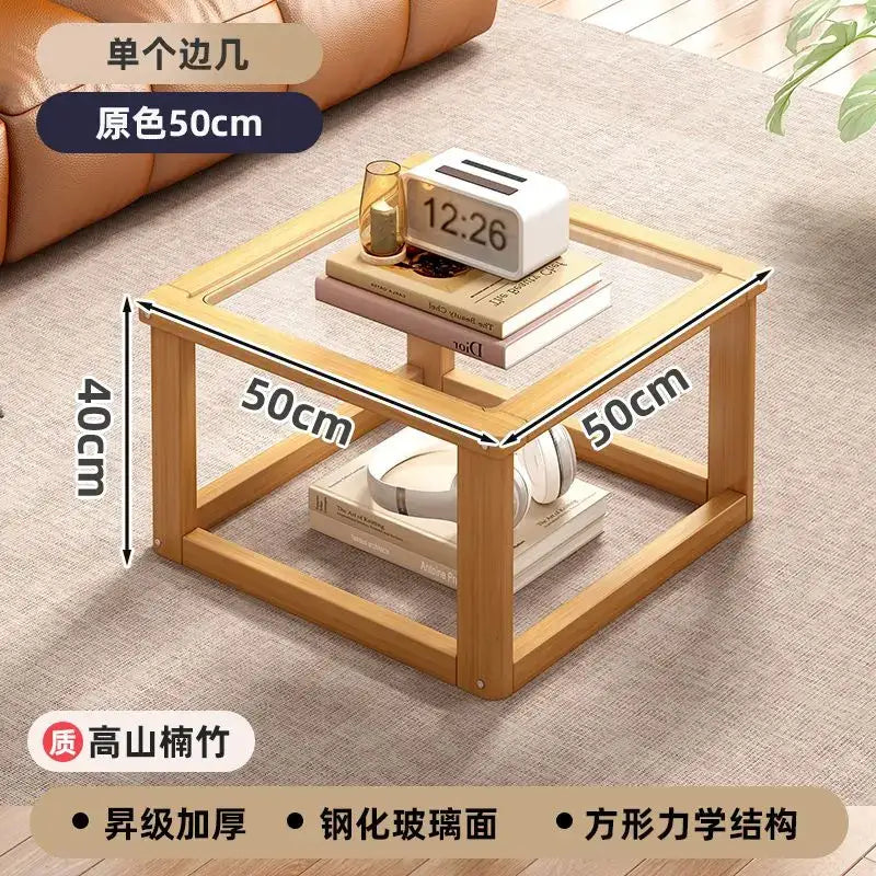 Minimalist light wood coffee table set with tempered glass top and open shelving for living room use 50cm x 50cm x 40cm