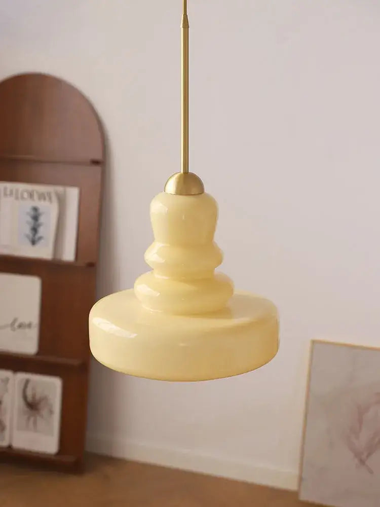 Pale yellow glossy glass pendant light with tiered design and gold metal rod for kitchen colorful gourd pendant lights