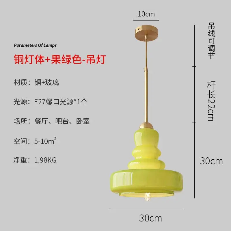 A vibrant lime green glass colorful gourd pendant light with copper metal frame for kitchen dining room use