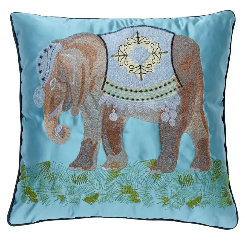 Light blue satin elephant embroidery sofa cushion cover with brown decorative patterns for decorbites cushion covers