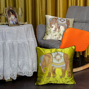 Vibrant lime green satin cushion cover with decorbites elephant embroidery for elegant elephant embroidery sofa decor