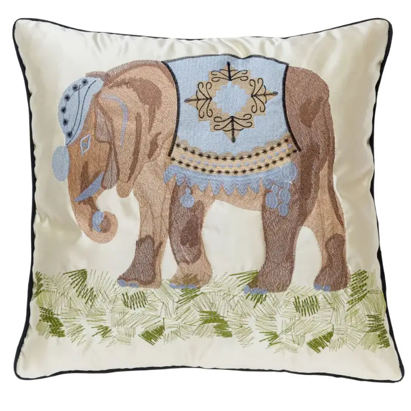 Cream cushion cover with decorbites elephant embroidery in brown and blue on lime green satin for sofa decorbites elephant embroidery
