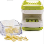 Lime green and white plastic garlic press cutter with a clear kitchen storage container for easy garlic pressing
