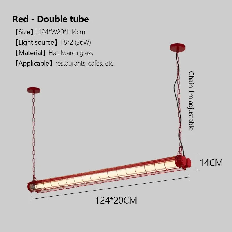 Red double tube linear chandelier glass pendant lamp with metal cage and glass housing for industrial lighting
