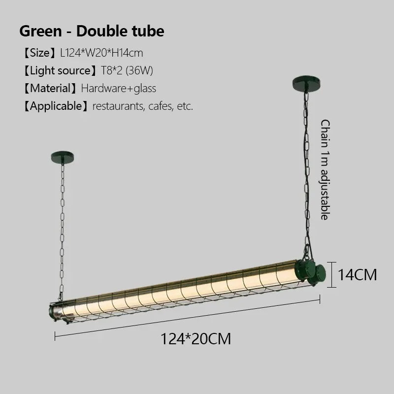 Linear chandelier glass pendant lamp with green double tube, brass metal frame, glass enclosure, and adjustable chain hanging