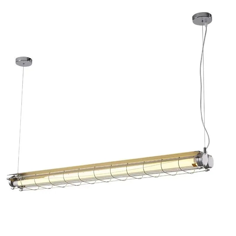 Linear chandelier glass pendant lamp featuring a chrome finish industrial light with a cylindrical glass tube and wire mesh cage