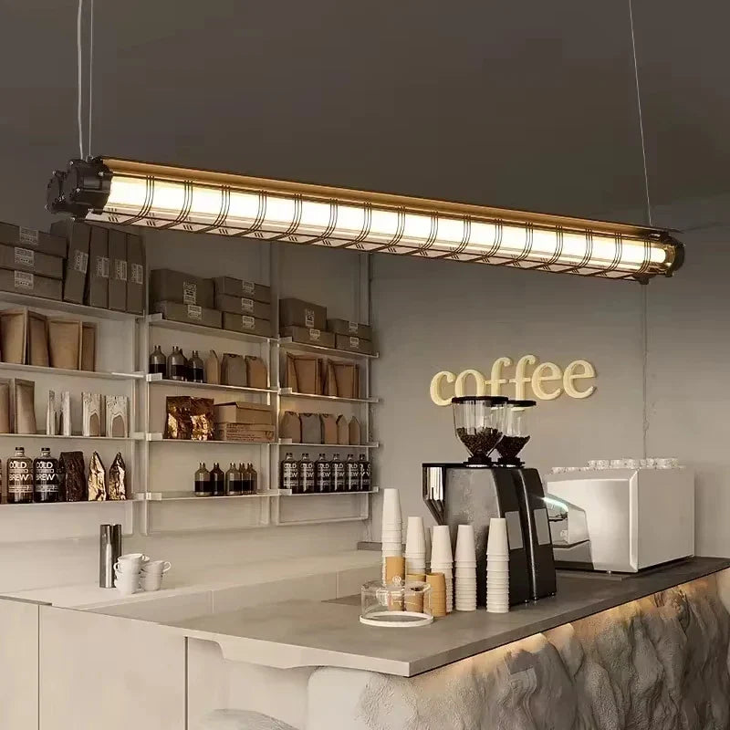 Industrial-style linear chandelier glass pendant lamp with gold-finished metal frame and frosted glass panels