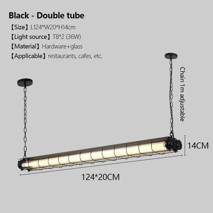 Black linear chandelier glass pendant lamp with double tube design featuring sleek industrial hardware and glass construction
