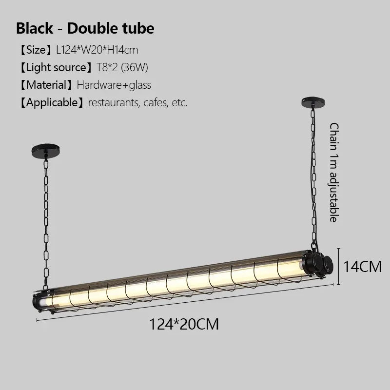 Black linear chandelier glass pendant lamp with double tube design featuring sleek industrial hardware and glass construction