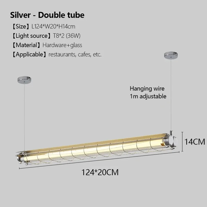 Silver double tube linear chandelier glass pendant lamp with metal cage and glass enclosure for industrial lighting